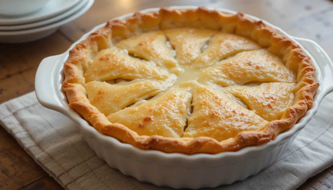 Freshly baked gluten free chicken pot pie in a white pie dish with golden, flaky crust and vented top.