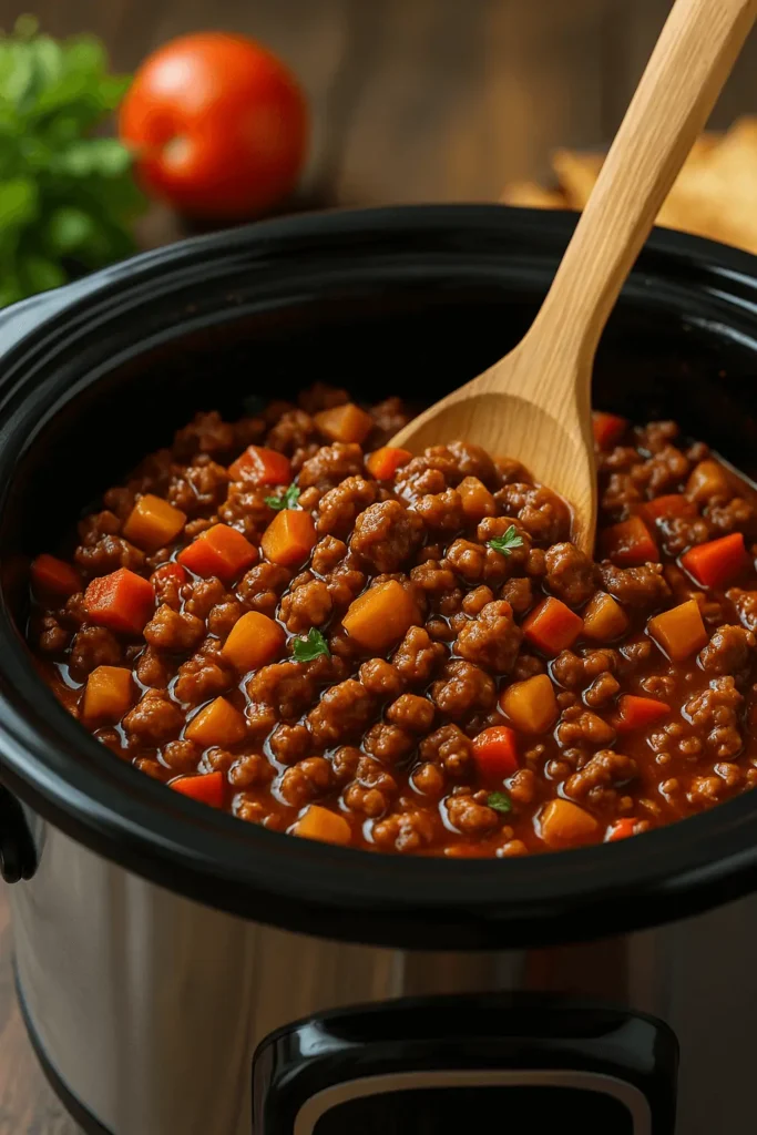 A close-up of ground beef crock pot recipes simmering in a slow cooker with diced carrots and potatoes, stirred with a wooden spoon.