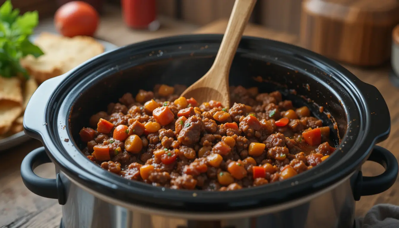 A slow cooker filled with hearty ground beef crock pot recipes made with diced carrots, potatoes, and rich tomato sauce, stirred with a wooden spoon.