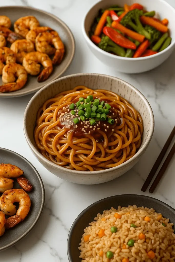 Hibachi noodles recipe served with grilled shrimp, vegetable stir-fry, and fried rice on a white marble surface.