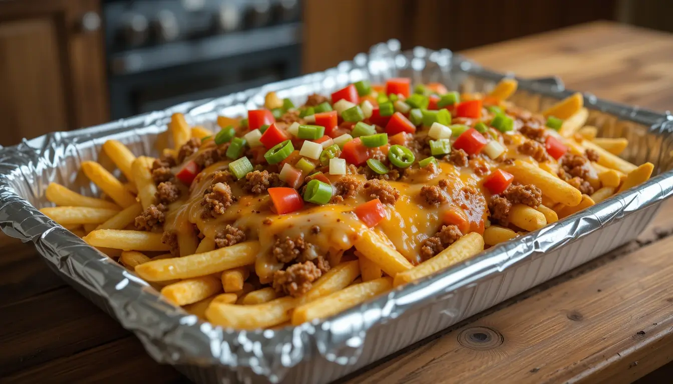 Delicious loaded fries recipe featuring crispy French fries topped with melted cheese, seasoned ground beef, diced tomatoes, green onions, and jalapeños, served in a foil tray.