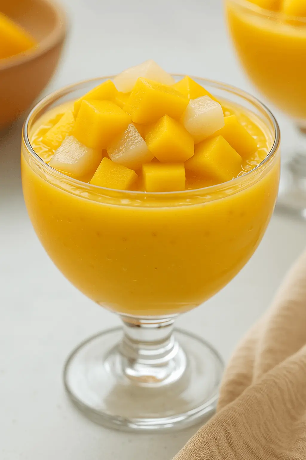A glass dessert bowl filled with mango pomelo sago, topped with mango cubes and translucent pomelo pieces.
