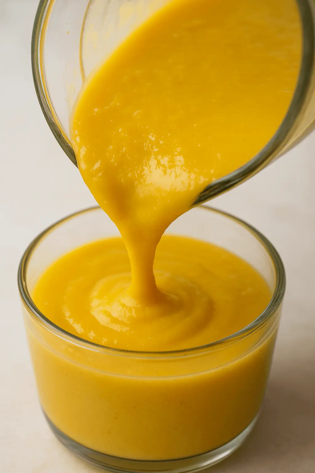 Mango puree being poured into a glass bowl as the base for mango pomelo sago.