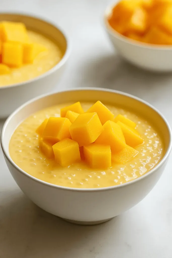 A bowl of mango pomelo sago topped with fresh mango cubes, surrounded by similar servings in the background.