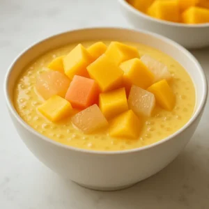 A bowl of mango pomelo sago topped with mango cubes and colorful pomelo pieces on a marble surface.