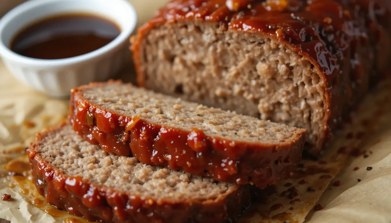 Delicious homemade meatloaf recipe Lipton onion soup, glazed with a tangy sauce, sliced and served on parchment paper with a side of rich dipping sauce.