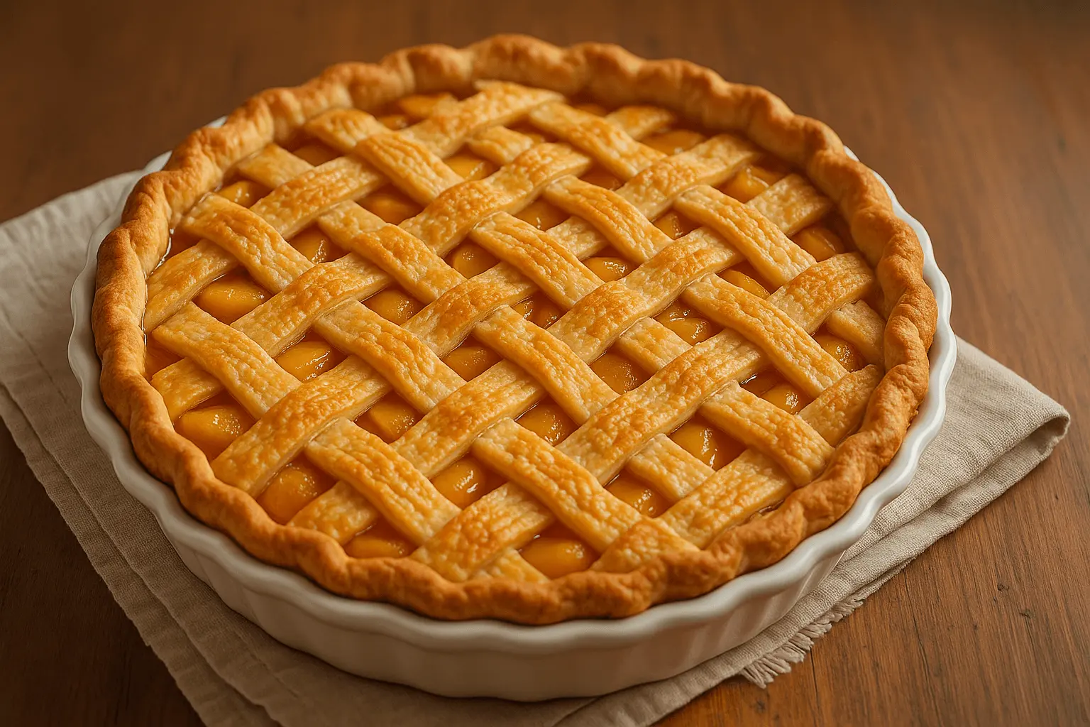 Golden-baked peach pie with canned peaches in a white ceramic dish on a linen napkin.