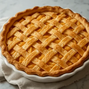 Baked peach pie with canned peaches in a white dish, featuring a golden lattice crust.