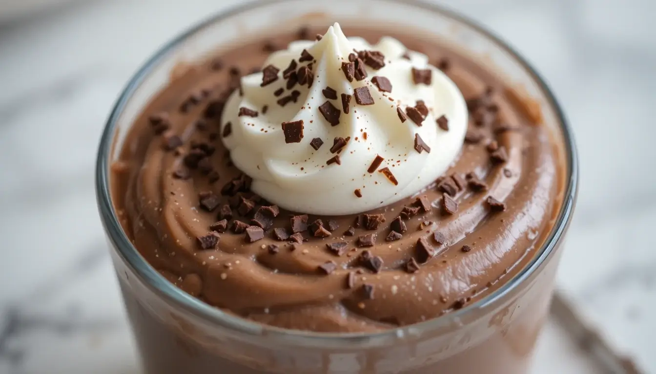 Glass cup filled with creamy chocolate pudding topped with white cream and chocolate shavings — part of a homemade protein pudding recipe.