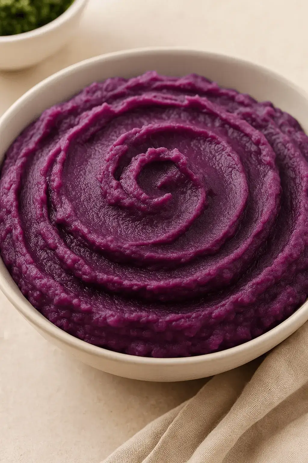 A bowl of smooth, creamy mashed purple sweet potatoes, swirled beautifully in a neutral ceramic bowl—part of a purple sweet potato recipe.