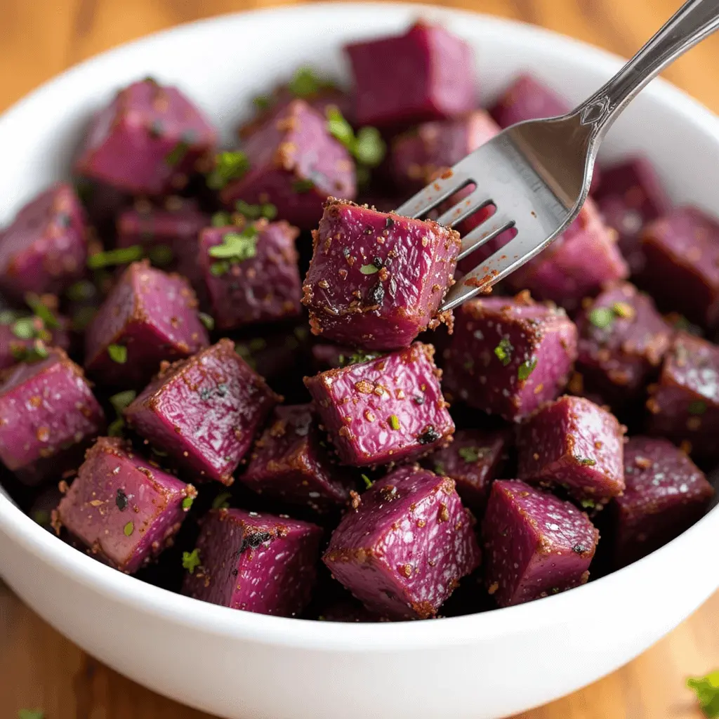 Crispy roasted cubes of purple sweet potatoes served in a white bowl, a fork lifting one piece — part of a vibrant purple sweet potato recipe.