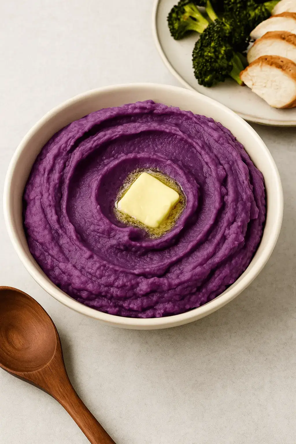 Mashed purple sweet potatoes served with a pat of butter in a bowl, alongside roasted broccoli and chicken—part of a purple sweet potato recipe.