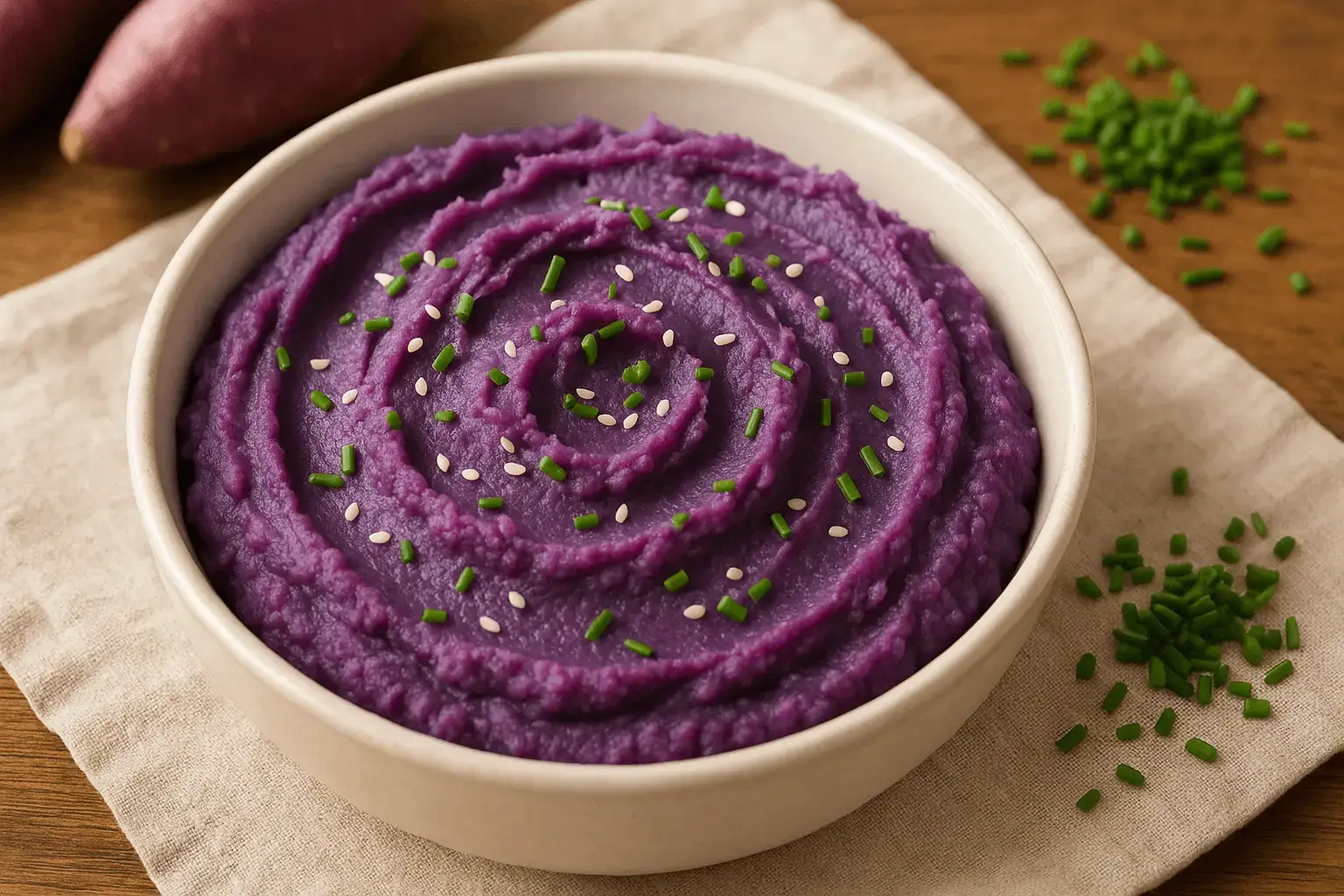 A bowl of mashed purple sweet potatoes topped with sesame seeds and chopped chives for a colorful finish — part of a purple sweet potato recipe.