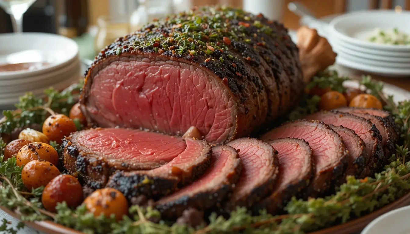 Sliced rib eye roast on a serving platter with herbs and roasted potatoes, showcasing a juicy and flavorful rib eye roast recipe.
