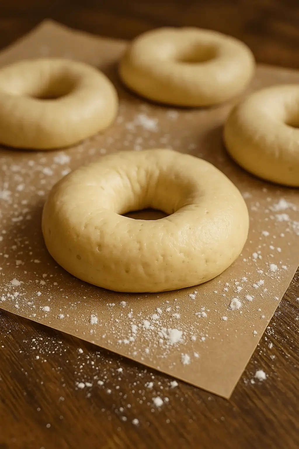 Unbaked sourdough discard bagels resting on parchment paper with flour dusted around them.