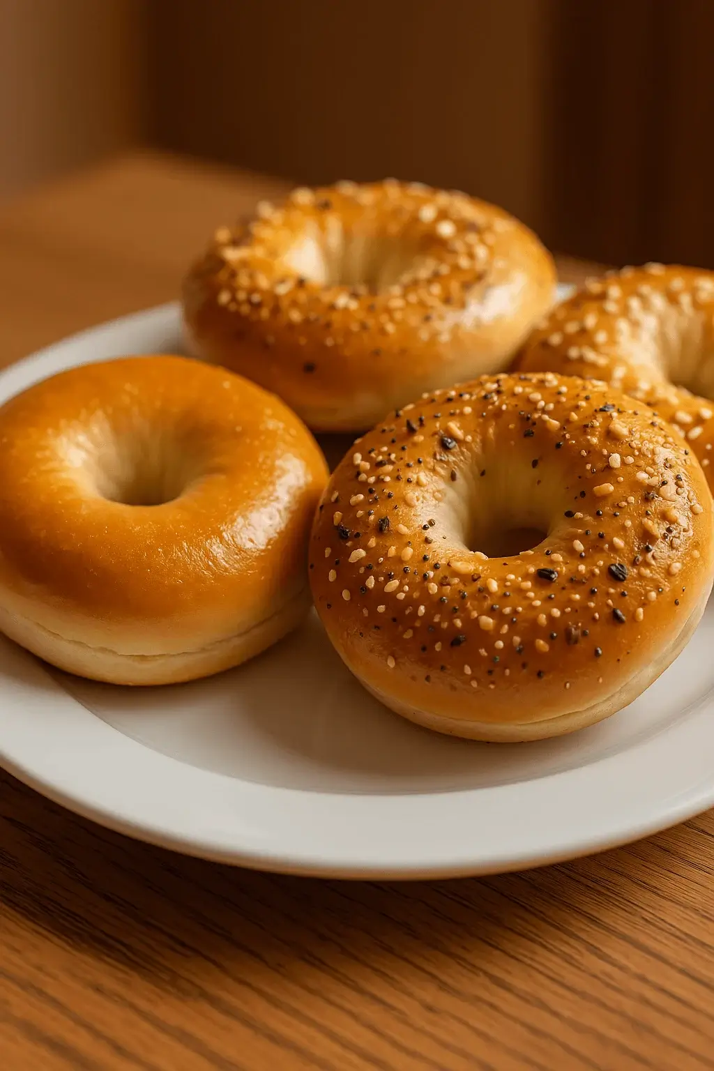 A plate of sourdough discard bagels with golden crusts, including plain and everything-topped varieties.