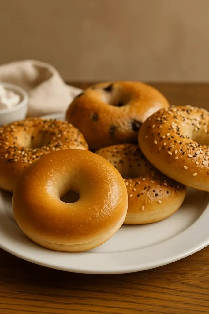 A plate of sourdough discard bagels with a mix of plain and seeded toppings, served with a bowl of cream cheese.