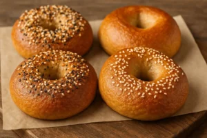 Four sourdough discard bagels on parchment paper, including plain and seeded varieties.