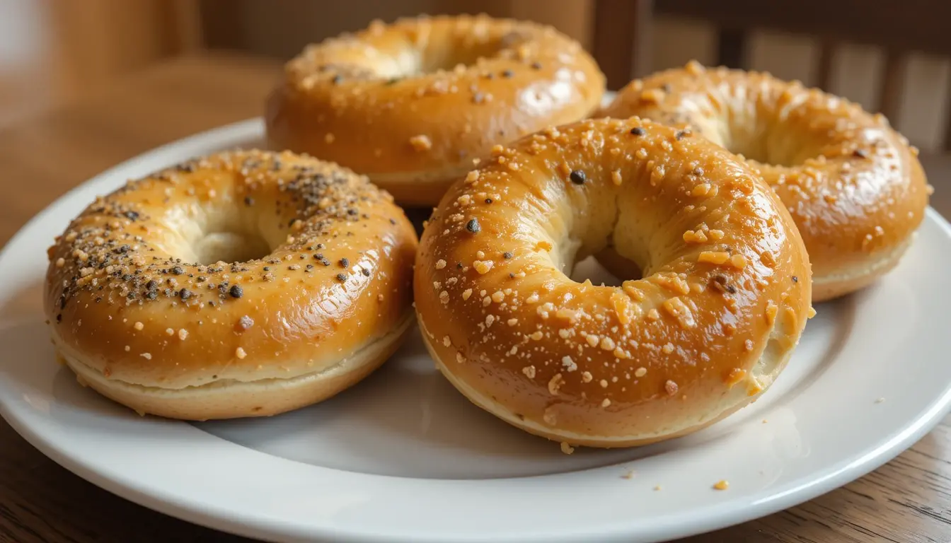 Four golden sourdough discard bagels topped with seeds and seasoning, arranged on a white plate.