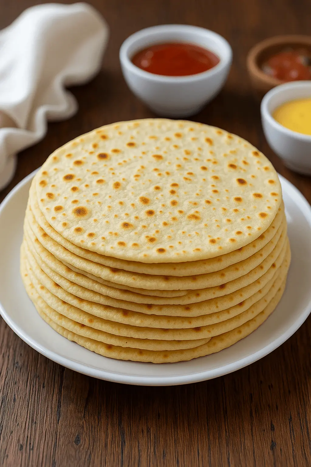 Stack of sourdough discard tortillas served on a white plate with dipping sauces in the background