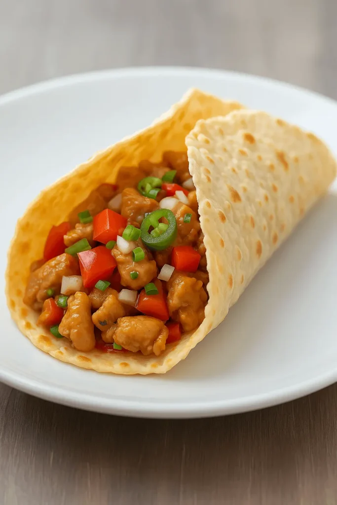 Sourdough discard tortilla filled with diced chicken, bell peppers, onions, and jalapeños on a white plate
