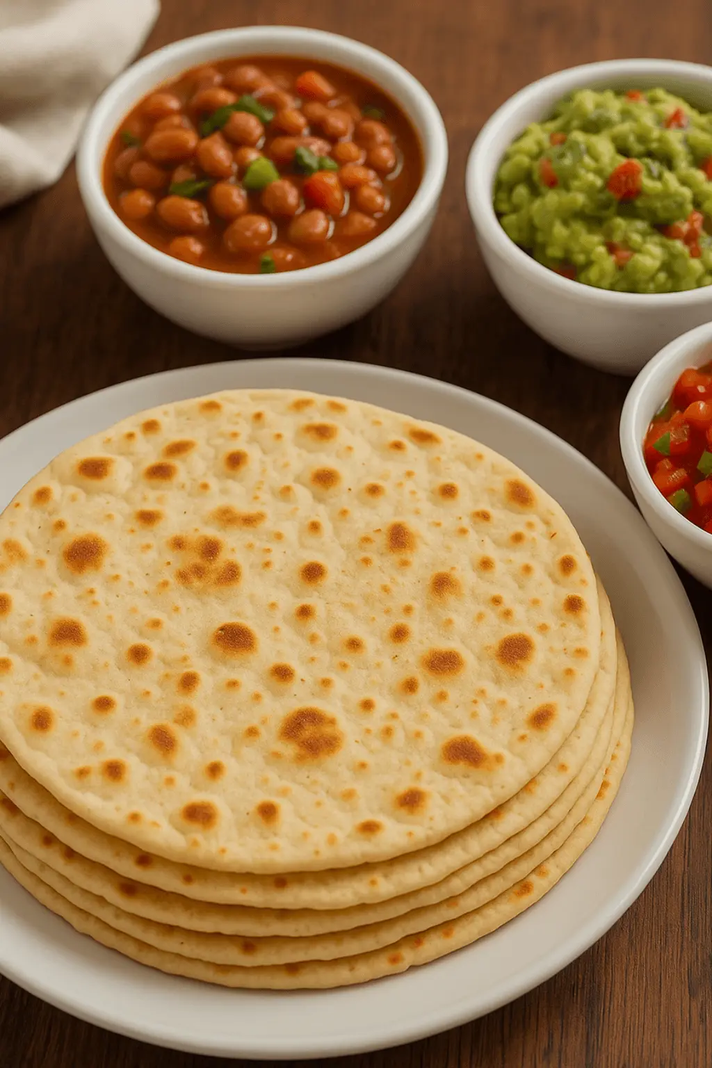 Stack of sourdough discard tortillas on a plate with bowls of beans, guacamole, and salsa