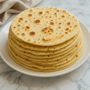 Stack of golden sourdough discard tortillas on a white plate over a marble surface