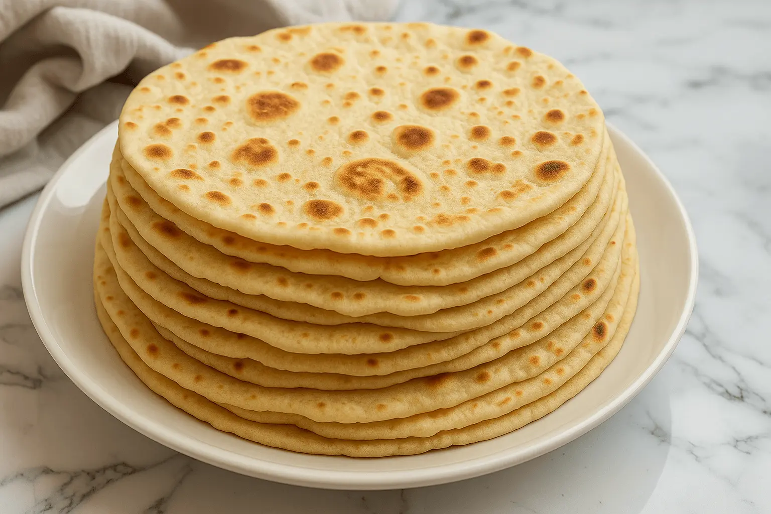Stack of freshly made sourdough discard tortillas on a white plate with golden spots
