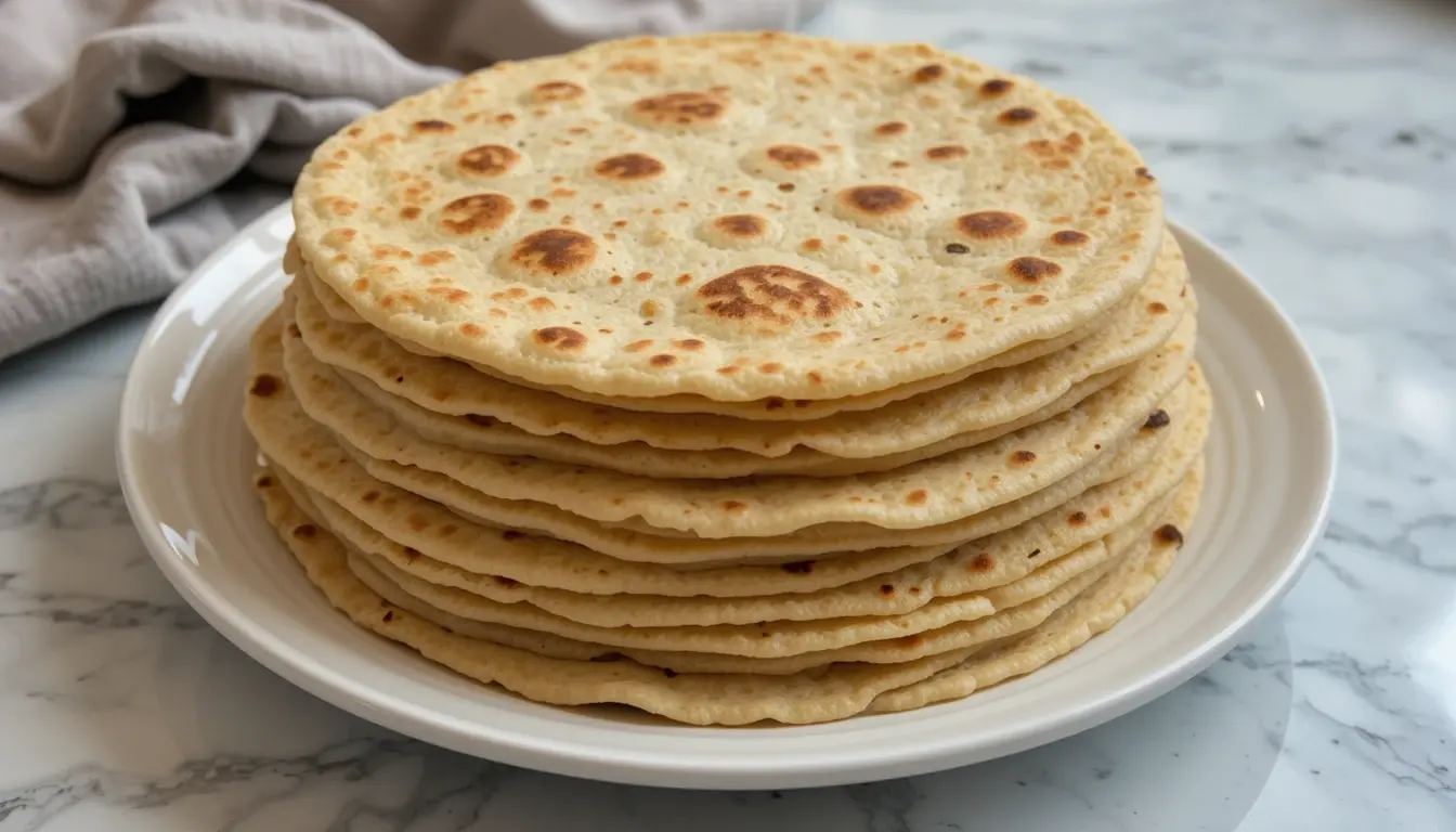 A stack of freshly cooked sourdough discard tortillas on a white plate, placed on a marble surface.
