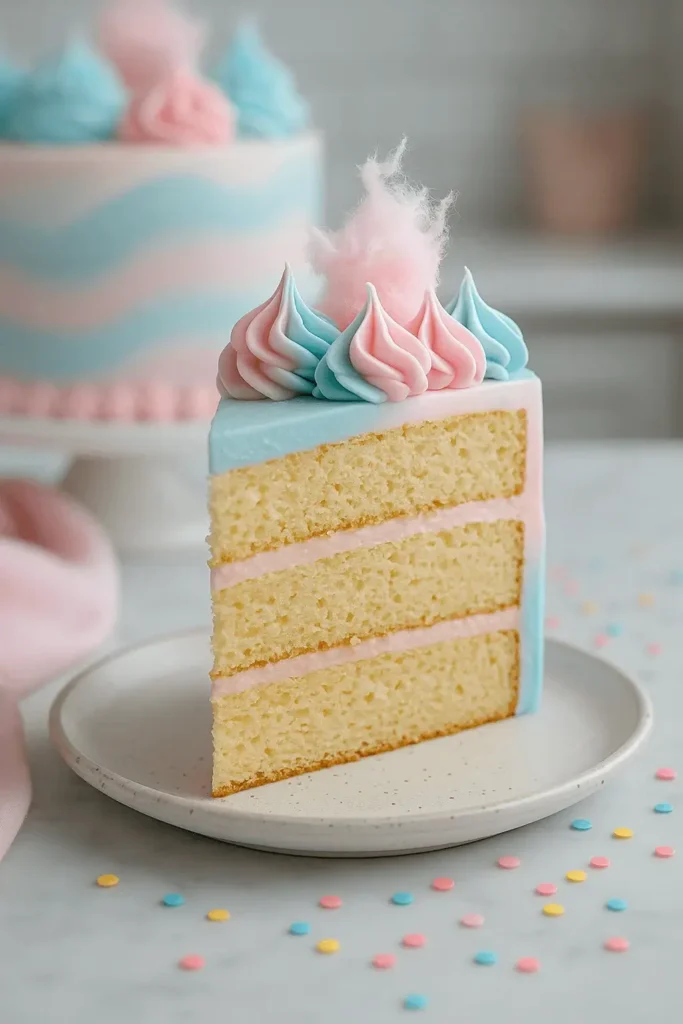 Three-layer Cotton Candy Cake slice with pastel blue and pink frosting, topped with cotton candy and decorative swirls.