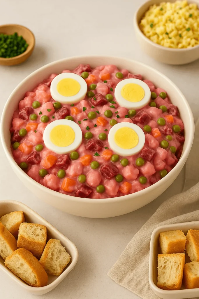 Dominican Potato Salad topped with sliced boiled eggs, peas, carrots, and beets, served with toasted bread cubes.