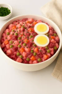 Dominican Potato Salad with diced potatoes, carrots, peas, and beets, topped with boiled egg slices in a white bowl.