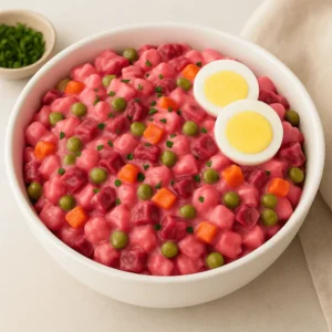 Dominican Potato Salad with diced vegetables and two sliced boiled eggs in a white bowl.