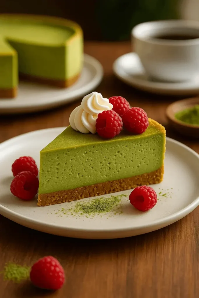 Slice of creamy Matcha Cheesecake topped with fresh raspberries and cream on a plate with a cup of coffee in the background.