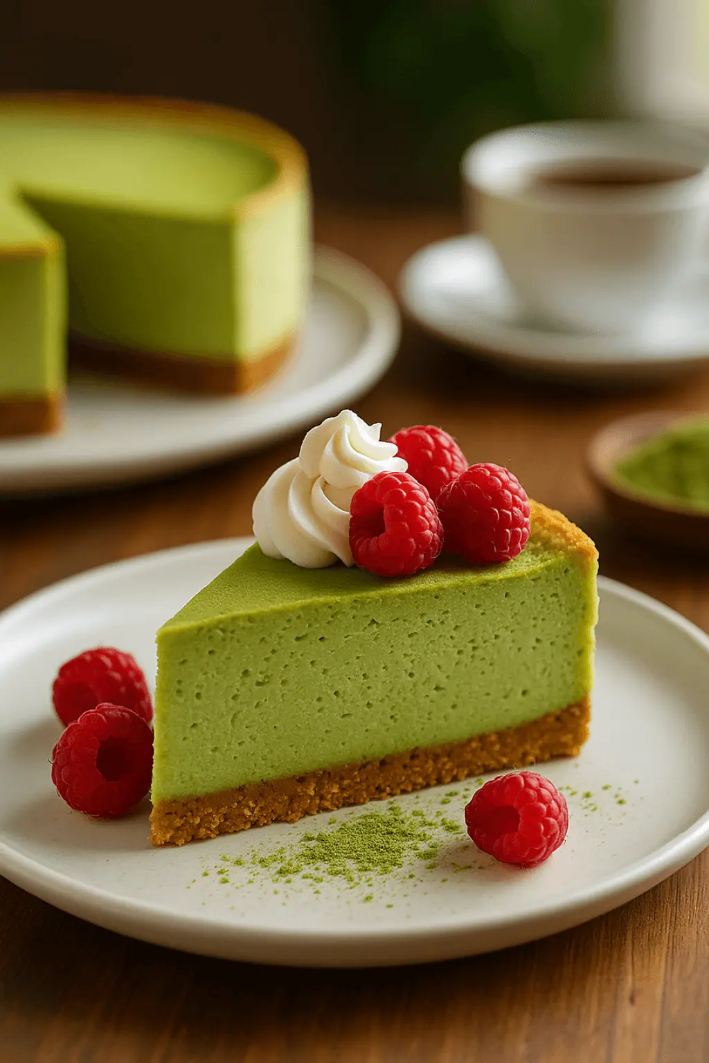 A slice of Matcha Cheesecake topped with raspberries and piped cream, served on a white plate with matcha powder and a cup of tea in the background.