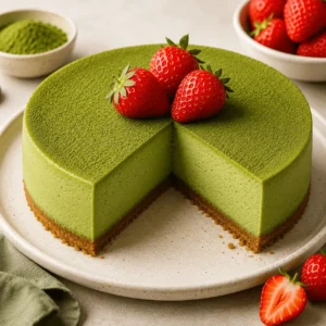 Matcha Cheesecake with a graham cracker crust, matcha-dusted top, fresh strawberries, and one slice removed to reveal the creamy green filling.