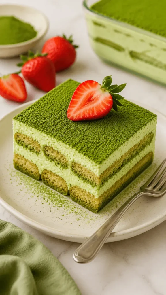 Matcha Tiramisu slice with creamy green layers, matcha-soaked ladyfingers, a matcha powder topping, and a fresh strawberry garnish.