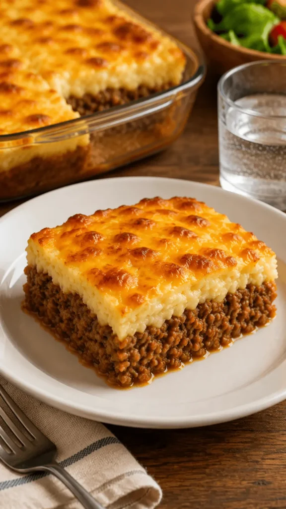 Meatloaf Casserole with seasoned ground beef, creamy mashed potatoes, and a golden melted cheese topping served on a white plate.
