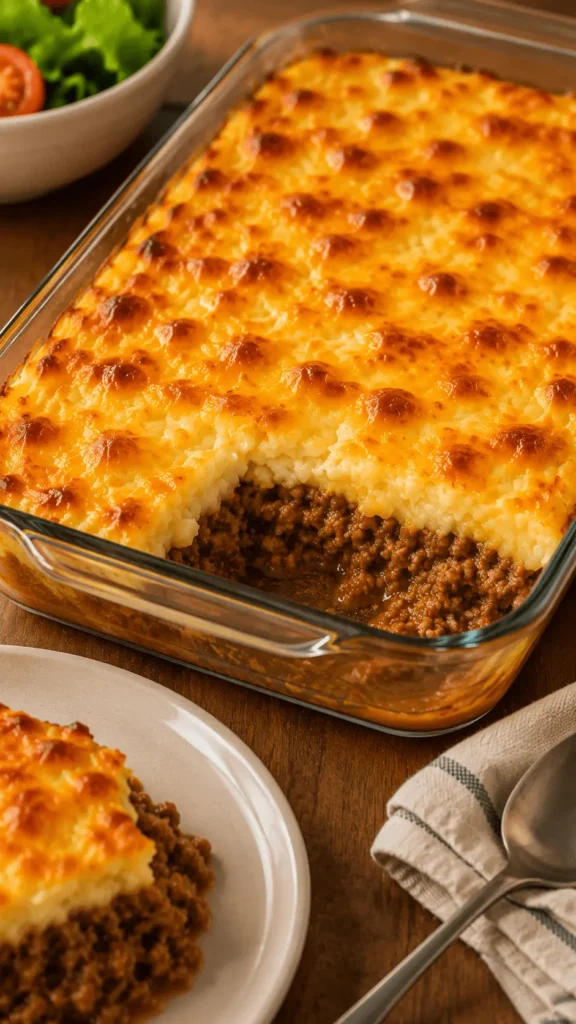 Meatloaf Casserole in a glass baking dish with seasoned beef, creamy mashed potatoes, and a golden melted cheese topping.