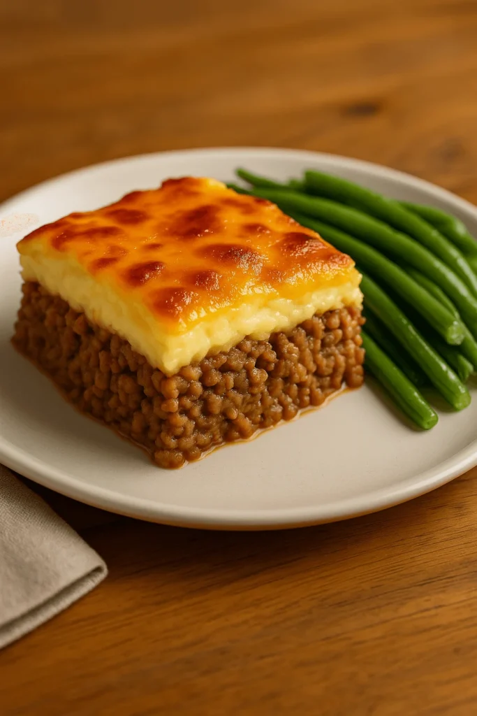 A neatly sliced portion of Meatloaf Casserole served with green beans on a white plate.