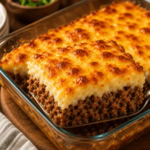 Meatloaf Casserole lifted from a glass baking dish, showing layers of seasoned ground beef, creamy mashed potatoes, and golden melted cheese.