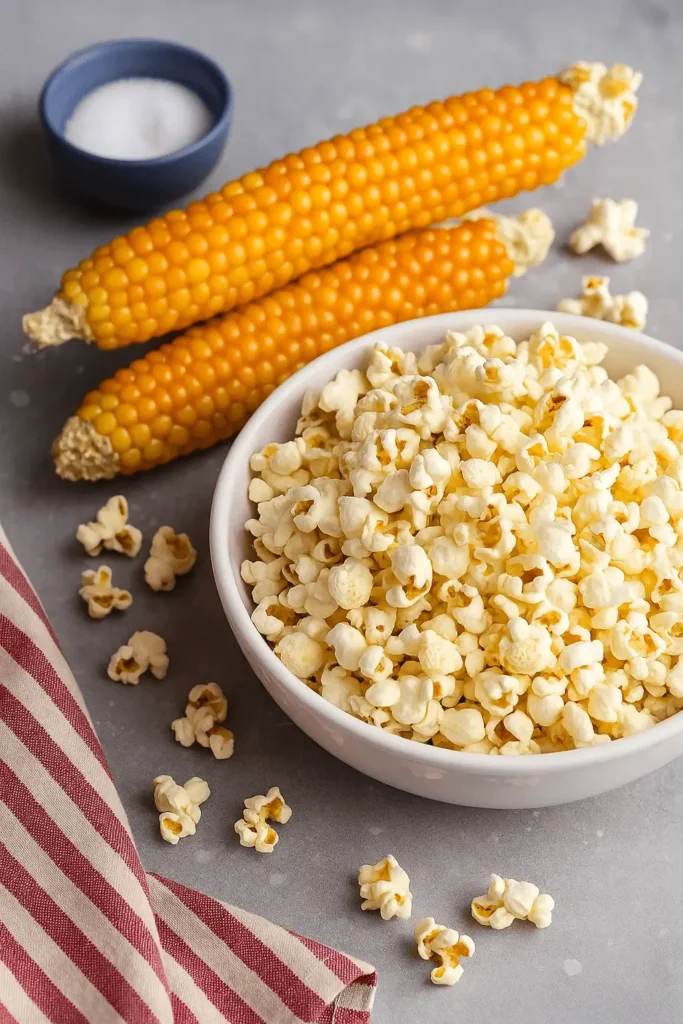 Bowl of popped corn on the cob with dried corn cobs and salt on a gray surface.