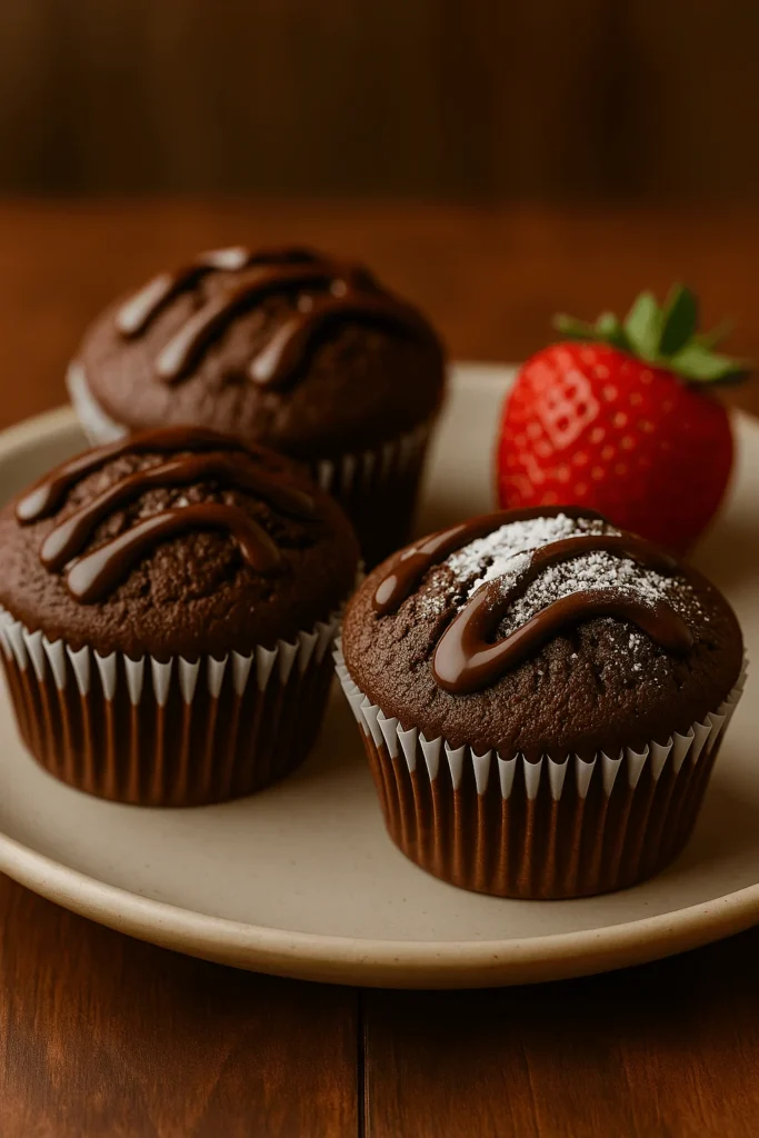 Three Brownie Cupcakes topped with chocolate drizzle, served on a ceramic plate with a fresh strawberry.