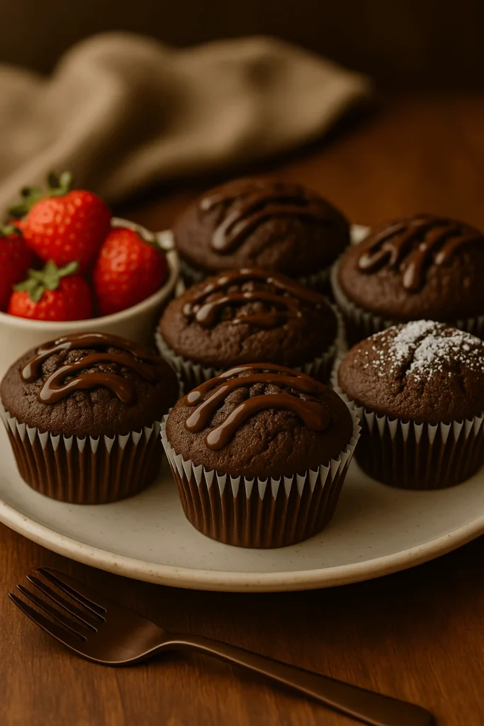 A plate of six Brownie Cupcakes topped with chocolate drizzle, served with a bowl of strawberries and a fork on the side.
