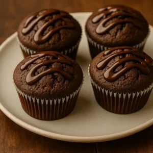 Four Brownie Cupcakes with chocolate drizzle served on a neutral-toned ceramic plate.