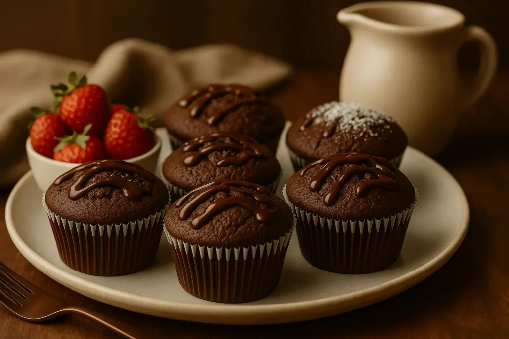 A plate of rich Brownie Cupcakes topped with chocolate drizzle, served with fresh strawberries and a cream pitcher in the background.