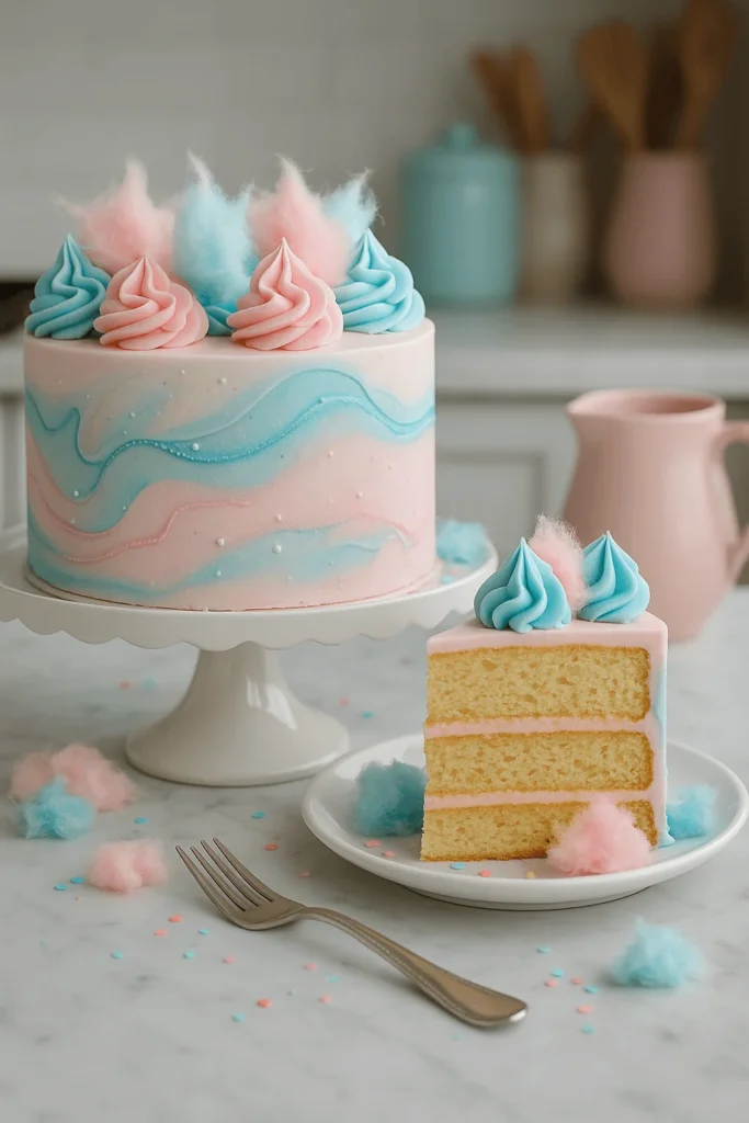 Cotton Candy Cake with pink and blue swirled frosting, topped with cotton candy and paired with a matching slice on a white plate.