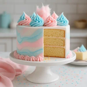 Cotton Candy Cake with pastel pink and blue frosting swirls, topped with piped decorations and a cotton candy tuft, displayed on a white cake stand.