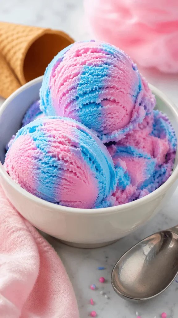 Two scoops of pink and blue cotton candy ice cream in a white bowl with a cone, spoon, and pastel sprinkles.