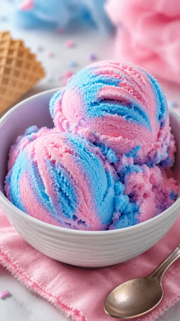 Two scoops of pink and blue cotton candy ice cream in a white bowl with a waffle cone and spoon.
